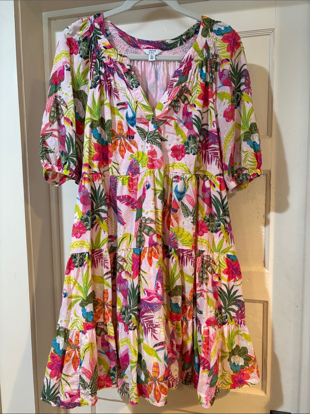 Crown & Ivy XL Tropical Floral Tiered V-Neck Mini Dress - Pink Multicolor